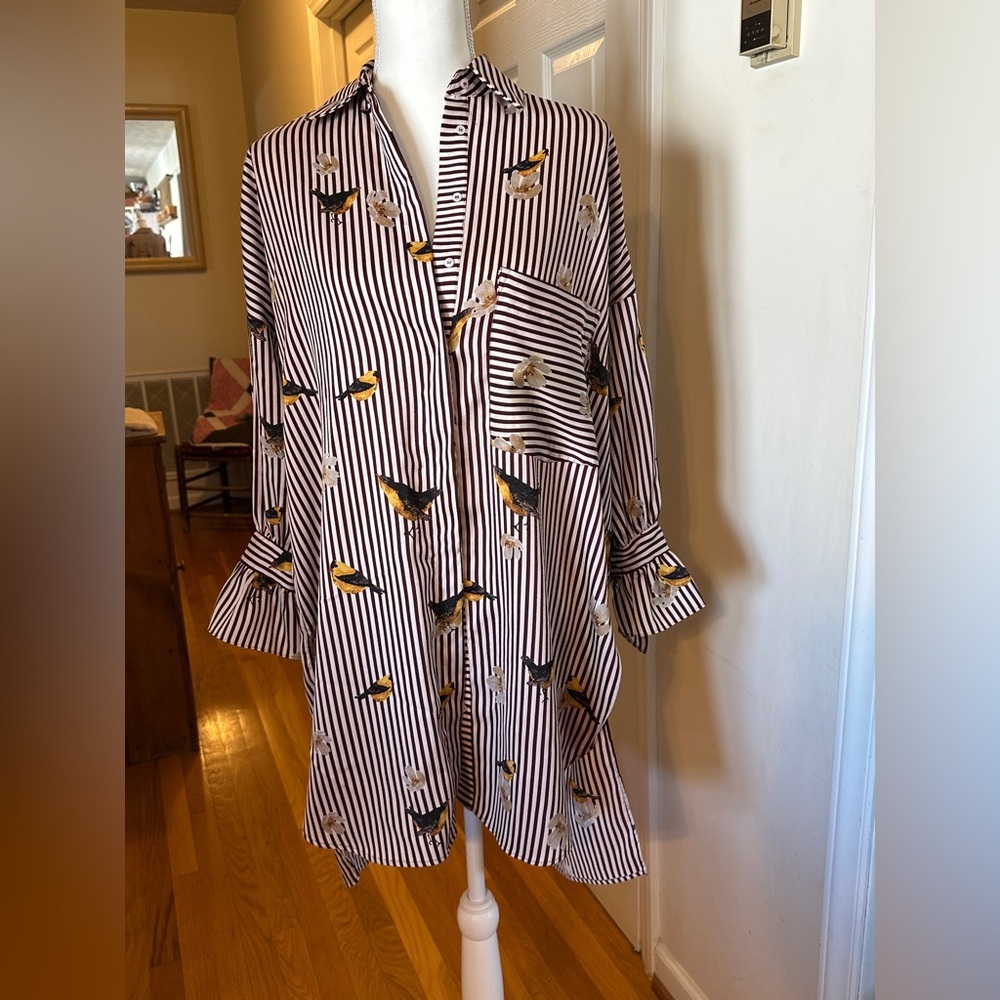 Zara Basics oversized striped shirt adorned with birds.